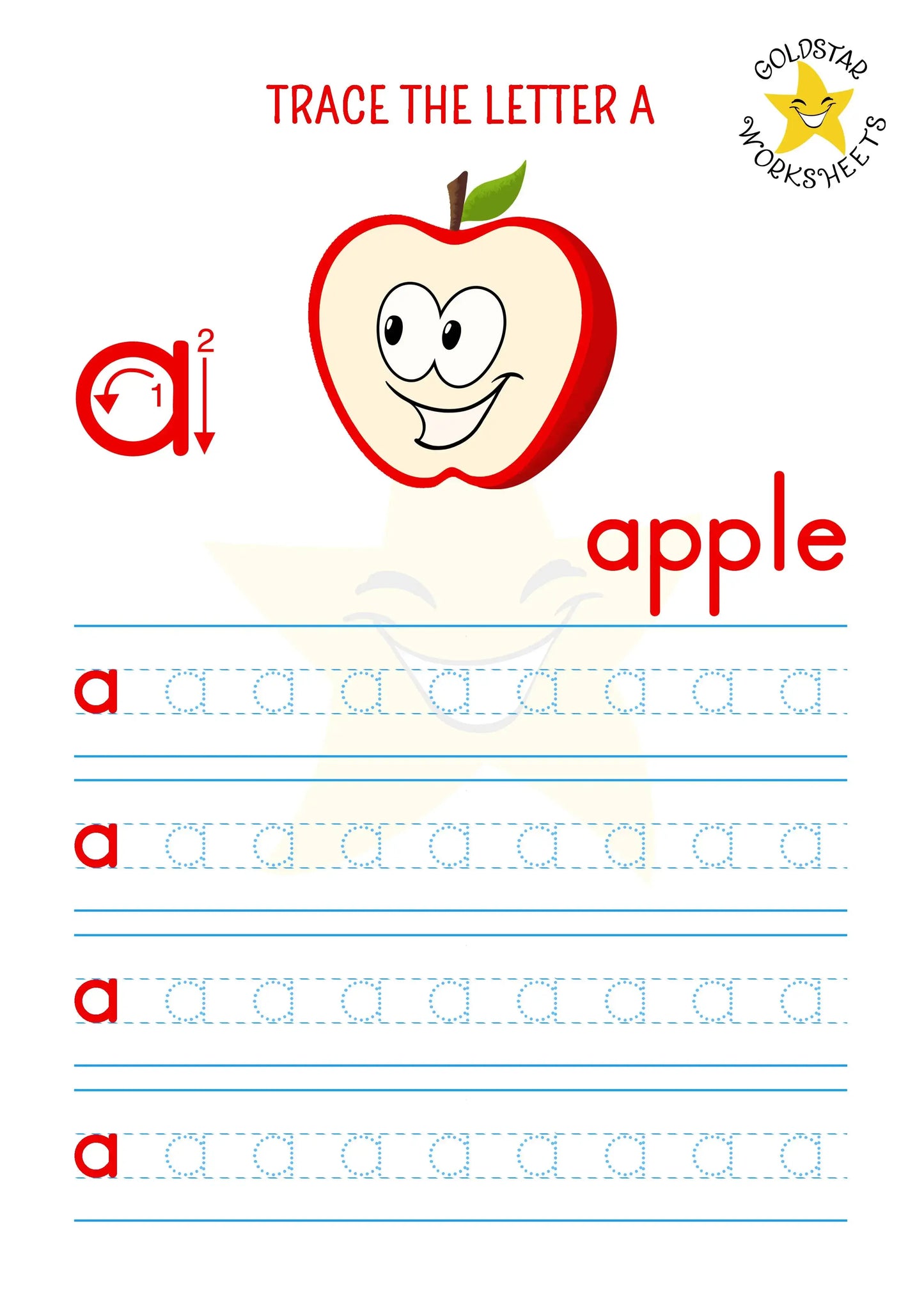 Lowercase letter a tracing worksheet - a for apple