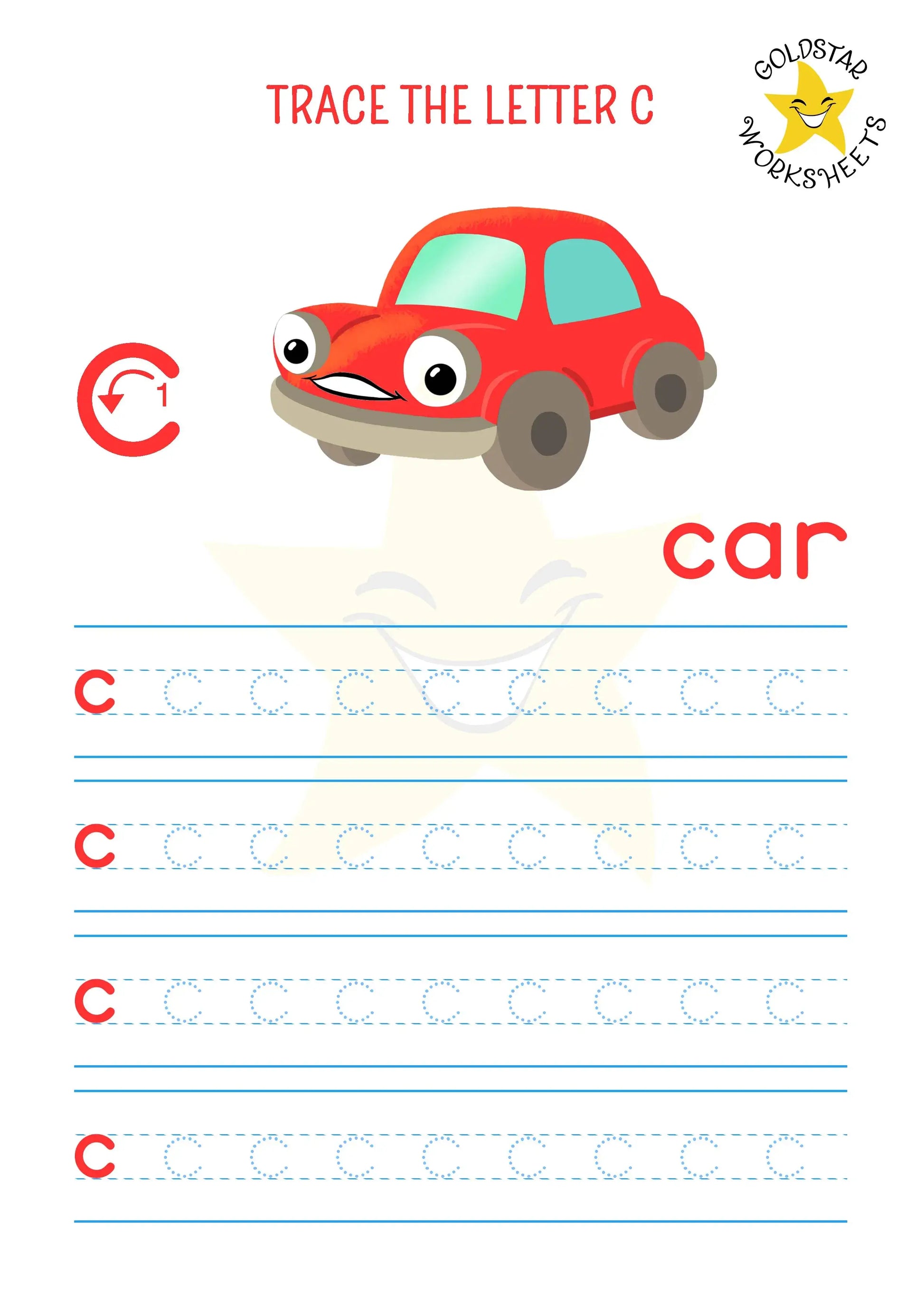 Lowercase letter c tracing worksheet - c for car