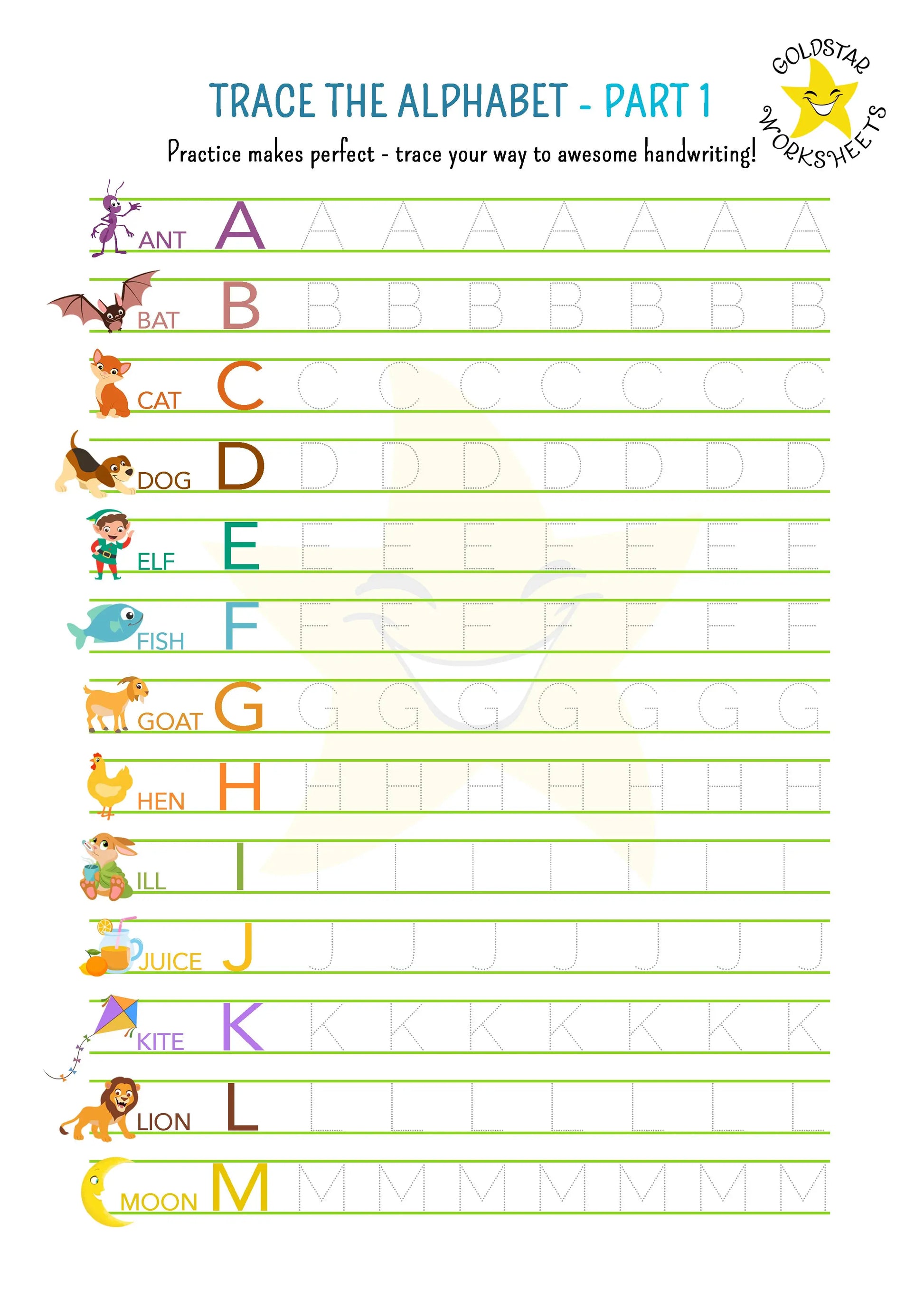 Part 1 of Uppercase letter tracing worksheet (A-M) with cute pictures