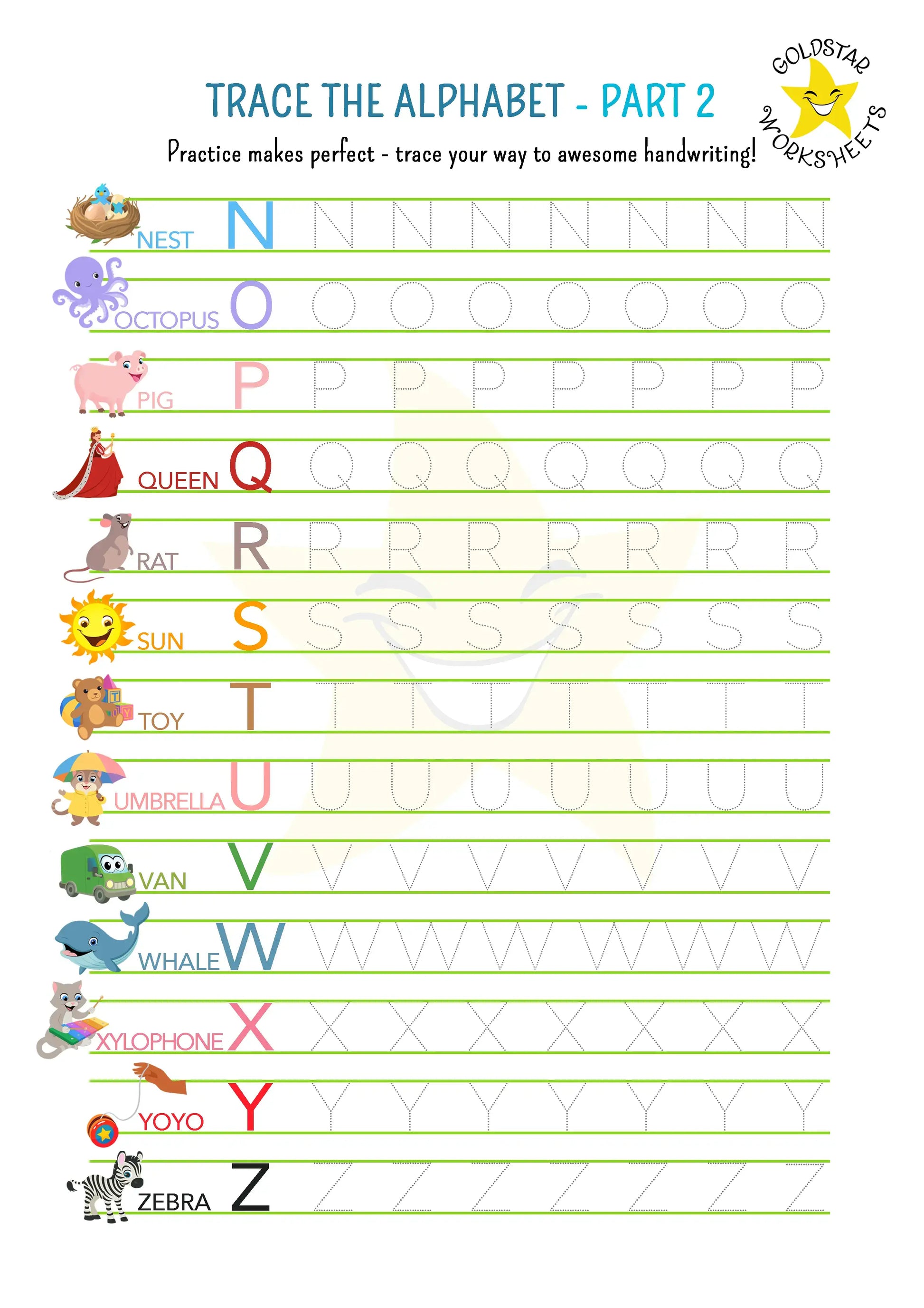Part 2 of Uppercase letter tracing worksheet (N-Z) with cute pictures