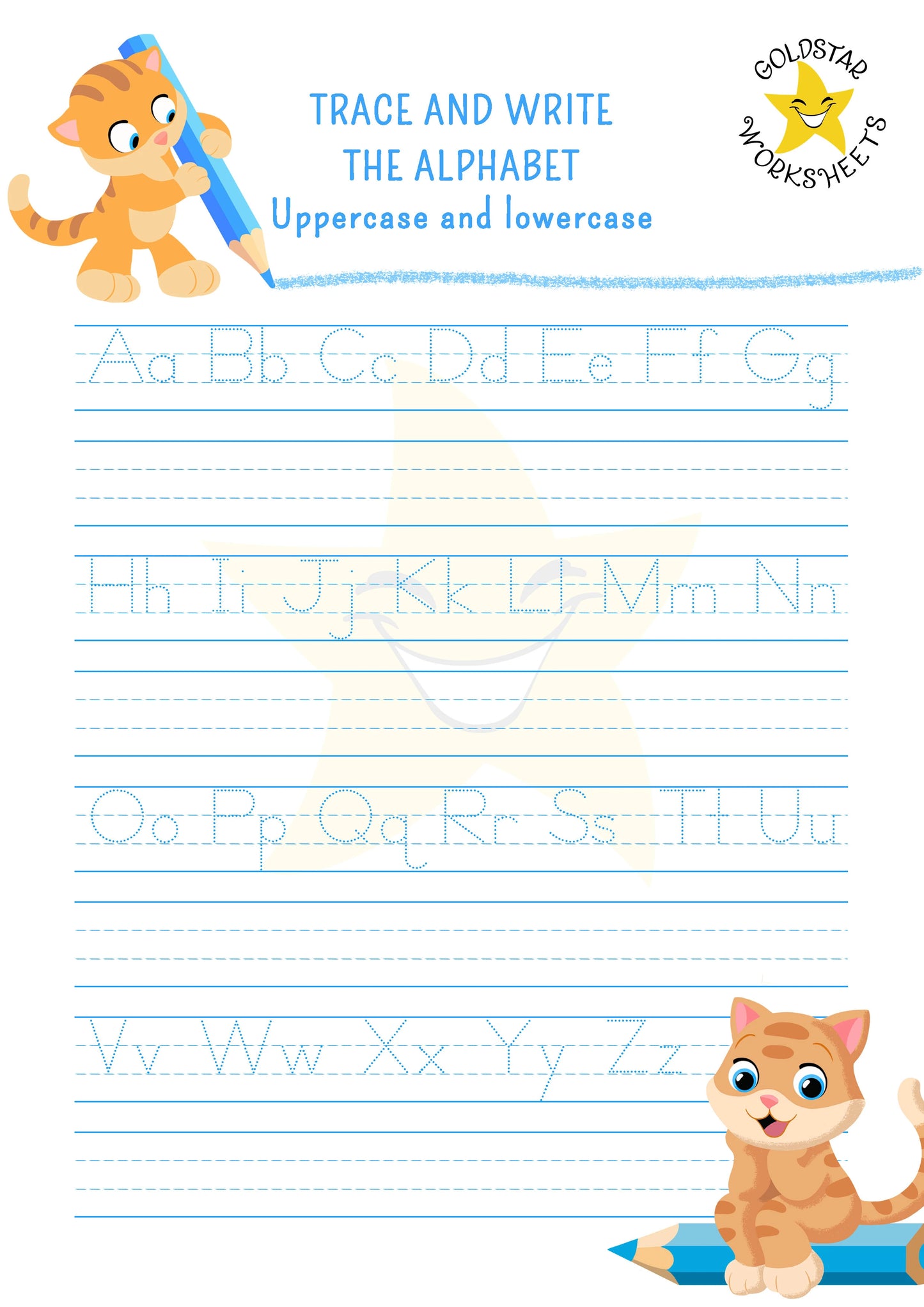 Upper and lowercase letter tracing and writing worksheet with cute cats