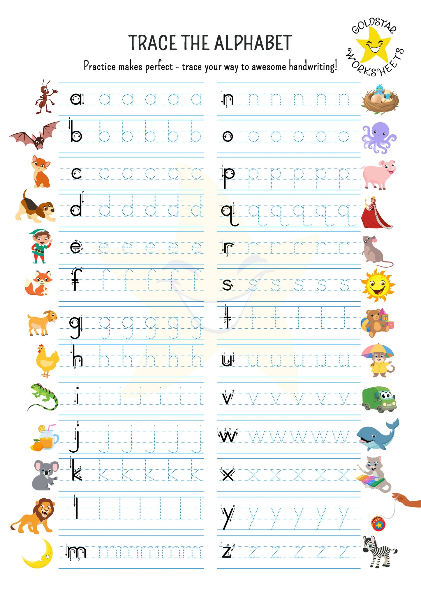 lowercase a-z tracing worksheets with cute pictures