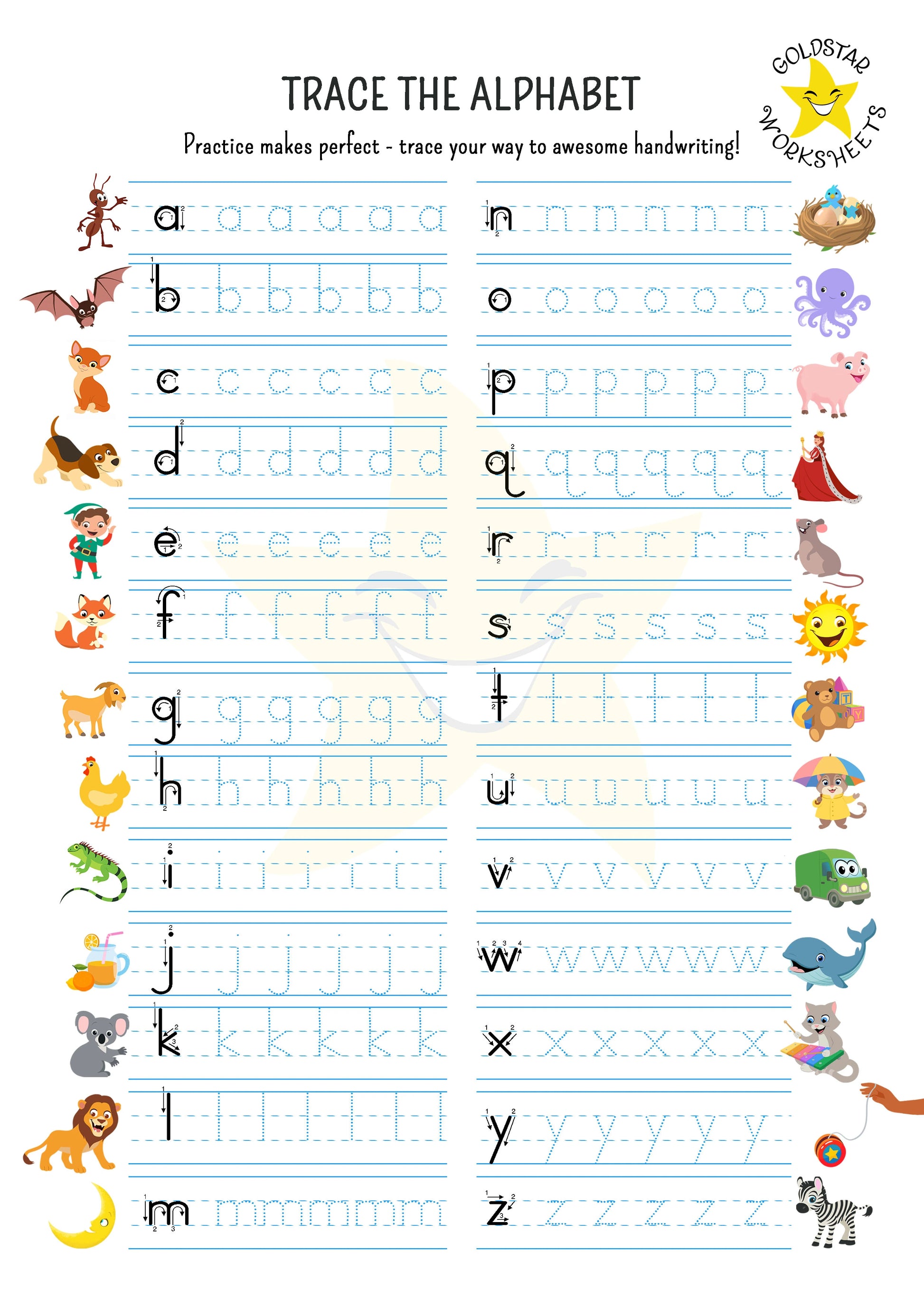 lowercase a-z tracing worksheets with cute pictures